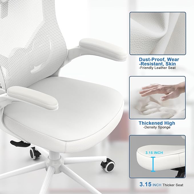 𝑯𝑶𝑴𝑬 𝑶𝑭𝑭𝑰𝑪𝑬 𝑪𝑯𝑨𝑰𝑹, Ergonomic Mesh Desk Chair, High Back Computer Chair- Adjustable Headrest with Flip-Up Arms, Lumbar Support, Swivel Executive Task Chair (Modern, White) - LeafyLoom