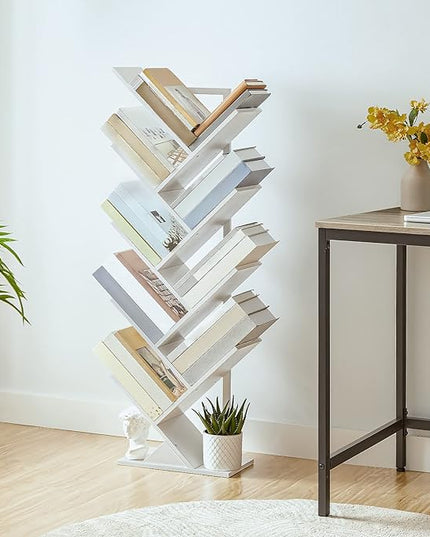 HOOBRO Tree Bookshelf, 9-Tier Bookcase Wooden Shelves, Floor Standing Storage Rack, for Display of CDs, Books in Living Room, Home Office, Wood Storage Rack for Bedroom, White WT08SJ01G1 - LeafyLoom