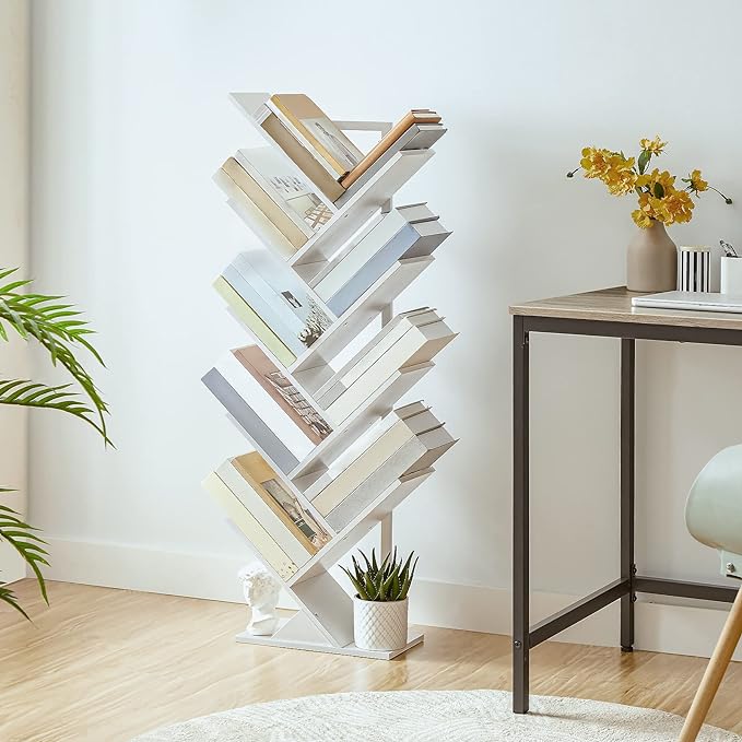 HOOBRO Tree Bookshelf, 9-Tier Bookcase Wooden Shelves, Floor Standing Storage Rack, for Display of CDs, Books in Living Room, Home Office, Wood Storage Rack for Bedroom, White WT08SJ01G1 - LeafyLoom