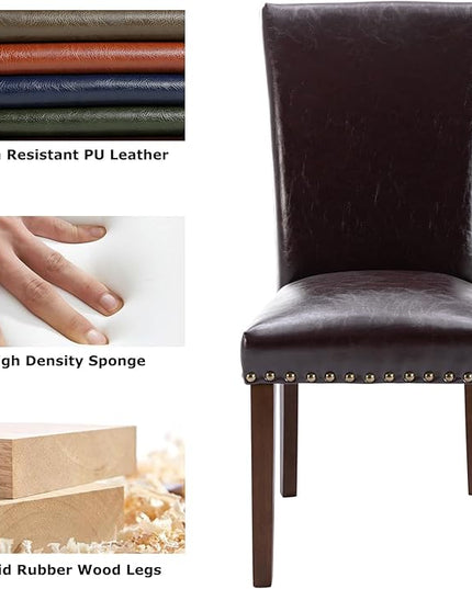 COLAMY Upholstered Parsons Dining Chairs Set of 6, PU Leather Dining Room Kitchen Side Chair with Nailhead Trim and Wood Legs - Dark Brown - LeafyLoom