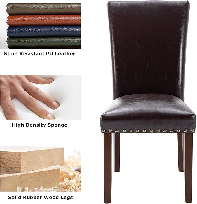 COLAMY Upholstered Parsons Dining Chairs Set of 6, PU Leather Dining Room Kitchen Side Chair with Nailhead Trim and Wood Legs - Dark Brown - LeafyLoom