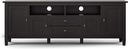SIMPLIHOME Warm Shaker SOLID WOOD 72 Inch Wide Universal TV Media Stand Transitional with Storage, For Flat Screen TVs up to 80 Inches in Hickory Brown, For the Living Room Entertainment Center - LeafyLoom