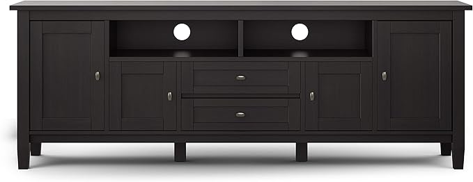 SIMPLIHOME Warm Shaker SOLID WOOD 72 Inch Wide Universal TV Media Stand Transitional with Storage, For Flat Screen TVs up to 80 Inches in Hickory Brown, For the Living Room Entertainment Center - LeafyLoom