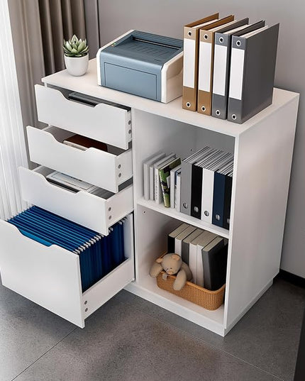 4 Drawers Lateral File Cabinets, Wood Filing Cabinet, Printer Stand with Open Storage Shelves for Home Office, 6 Compartments, White - LeafyLoom