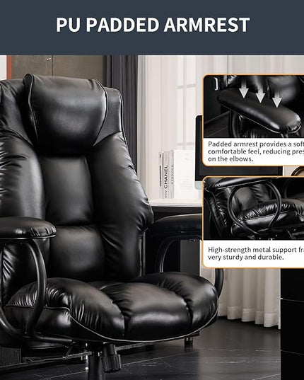 Office Chair Big and Tall, Ergonomic Office Chair 400lbs, Office Desk Chair with Ottoman, High Back Executive Office Chair, Adjustable Home Office Chair, Computer Chair PU Leather (Black) - LeafyLoom