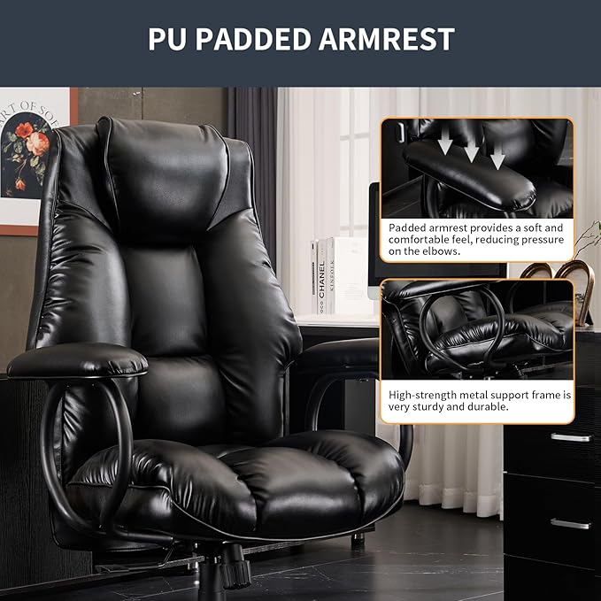 Office Chair Big and Tall, Ergonomic Office Chair 400lbs, Office Desk Chair with Ottoman, High Back Executive Office Chair, Adjustable Home Office Chair, Computer Chair PU Leather (Black) - LeafyLoom