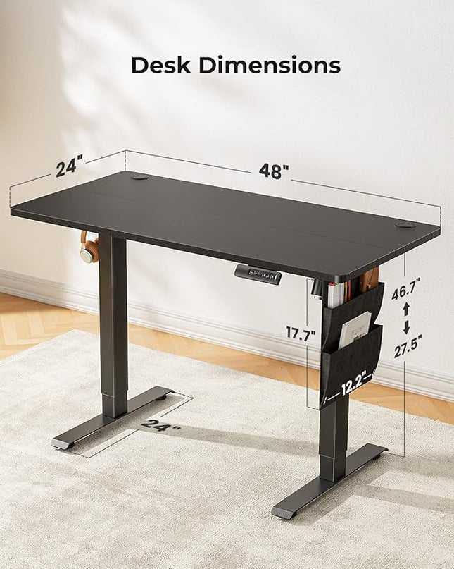 Marsail Standing Desk Adjustable Height, 48x24 Inch Electric Standing Desk with Storage Bag, Stand up Desk for Home Office Computer Desk Memory Preset with Headphone Hook - LeafyLoom