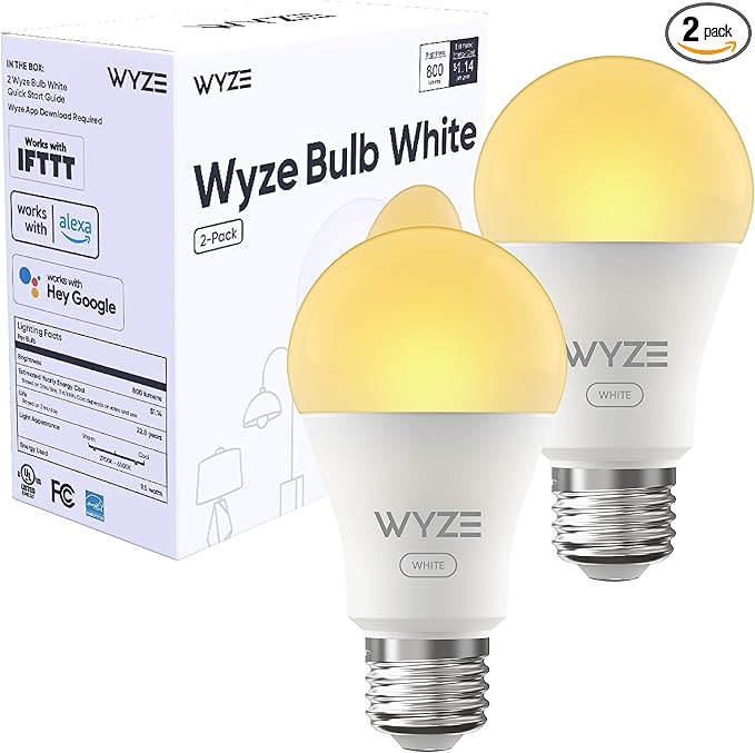 Wyze Bulb White, 800 Lumen, 90+CRI WiFi Tunable-White A19 Smart Light Bulb, Compatible with Alexa and Google Assistant, Two-Pack WYZE