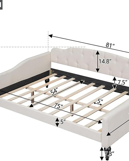 Full Size Upholstered Daybed,Linen Sofa Bed with Button Tufted Back & Nailhead Decorated Waved Shape Arms,Slat Support,No Spring Box Need,Bedframe for Bedroom Livingroom Small Space,Beige - LeafyLoom