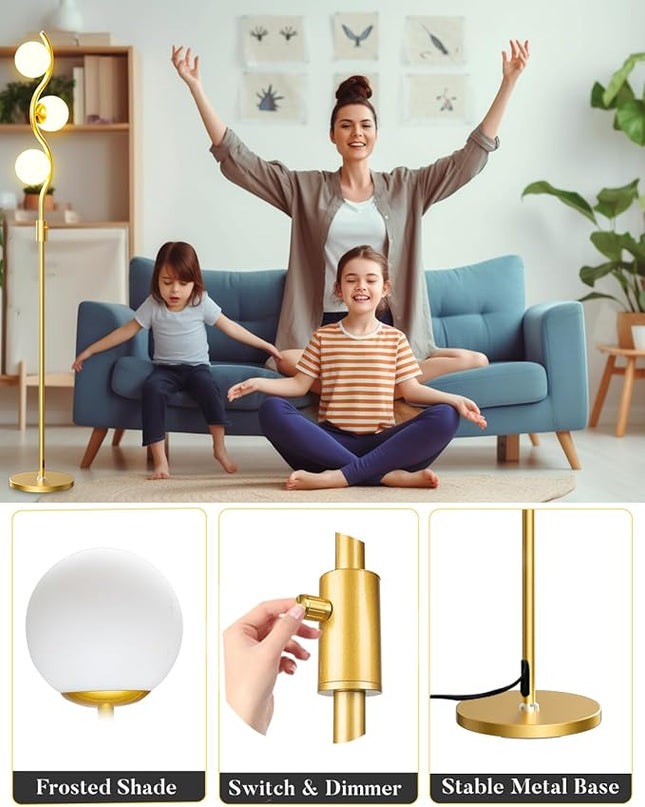 Lightdot 60IN Dimmable (Brightness Adjustable) Gold Floor Lamp, Mid Century Standing Lamps with 3 Globe Soft Warm White Eye Care 3000K Bulbs Included, Modern Tall Lamp for Bedroom Office - LeafyLoom