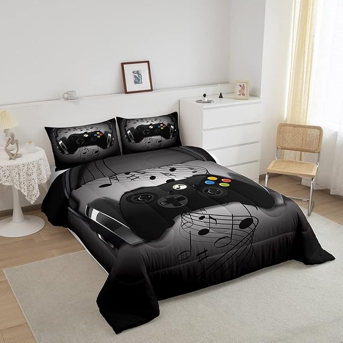 Gamer Comforter Set Queen Size,Black Grey Headphones Musical Design Games Gamepad Bedding Set for Kids Boys Video Game Room Decor Retro Playing Gamer Down Comforter Gaming Controller Quilted Duvet Set - LeafyLoom