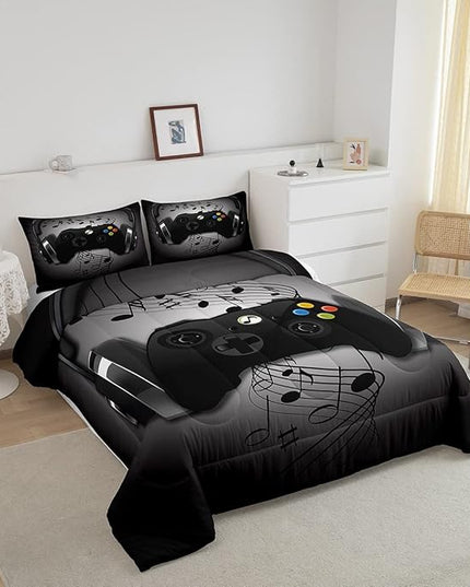 Gamer Comforter Set Full Size,Black Grey Headphones Musical Design Games Gamepad Bedding Set for Kids Boys Video Game Room Decor Retro Playing Gamer Down Comforter Gaming Controller Quilted Duvet Set - LeafyLoom