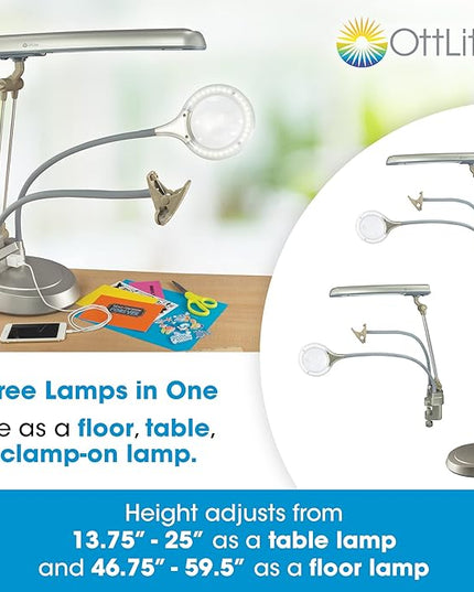 OttLite Ultimate 3-in-1 Craft Lamp, (Floor, Table and Clamp-On Lamp) 24w Energy Efficient Light Bulb for Bright Natural Daylight - Built-in Outlet, Adjustable Neck, 2X Magnifier & Versatile Height - LeafyLoom