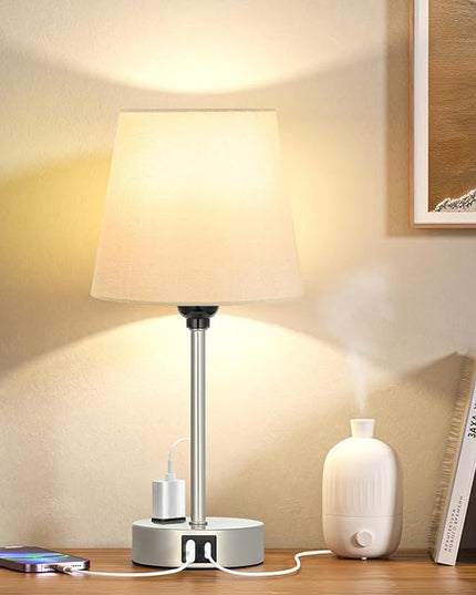 Table Lamps for Bedrooms Set of 2 Bedside - Nightstand Bedroom Lamp with USB C Port and AC Outlet Charging, Dimmable Touch Small End Side Lamp, Grey Night Stand Light for Kid/Guest Room/Living Room - LeafyLoom