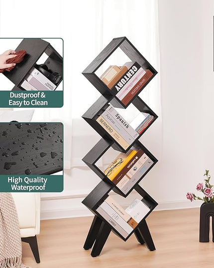 Yoobure Black Bookshelf - Small Book Shelf, 4-Tier Tall Bookcases Book Organizer, Industrial Bookshelves Floor Standing for CDs/Books in Small Spaces, Bedroom, Living Room, Home Office - LeafyLoom