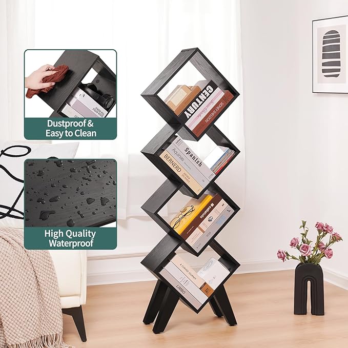 Yoobure Black Bookshelf - Small Book Shelf, 4-Tier Tall Bookcases Book Organizer, Industrial Bookshelves Floor Standing for CDs/Books in Small Spaces, Bedroom, Living Room, Home Office - LeafyLoom