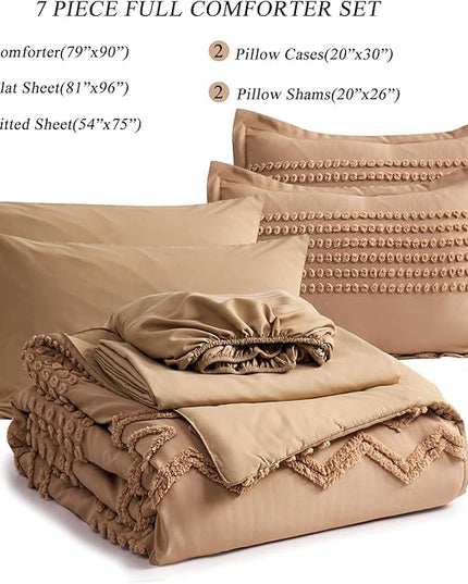 KAKIJUMN Khaki Tufted Comforter Set Full Size 7 Piece Bed in a Bag, Shabby Chic Boho Comforter and Sheet Set, Pom Pom Textured Bed Set, All Season Soft Microfiber Complete Bedding Set(Khaki,Full) - LeafyLoom