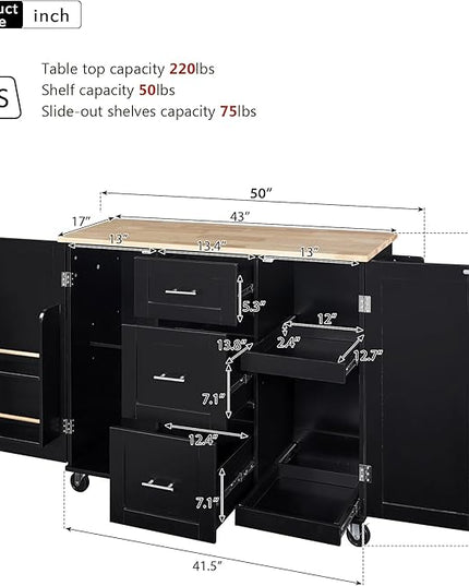 50Inch Rolling Kitchen Island Cart with Internal Cabinet, 3 Drawers and Storage Shelf, Kitchen-Island Table on Wheels w/Rubber Wood Top, Spice Rack, for Dining Room House Bar - LeafyLoom