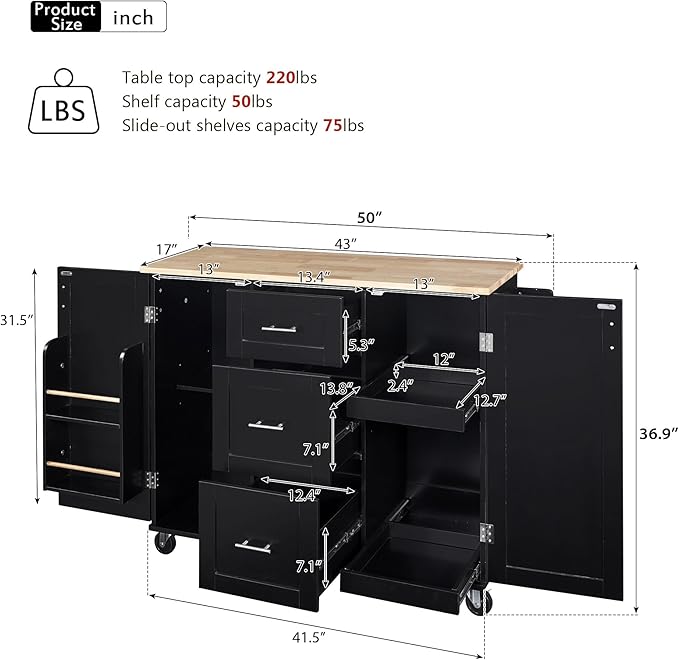 50Inch Rolling Kitchen Island Cart with Internal Cabinet, 3 Drawers and Storage Shelf, Kitchen-Island Table on Wheels w/Rubber Wood Top, Spice Rack, for Dining Room House Bar - LeafyLoom