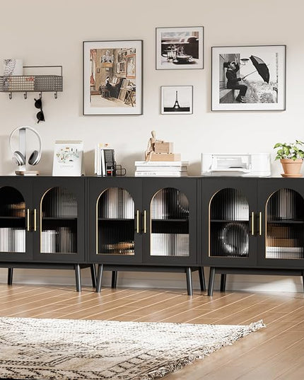 Set of 3 Sideboard Buffet Cabinet, Accent Kitchen Storage Cabinet with Glass Doors, Modern Console Table TV Stand with Adjustable Shelves for Living Room, Dining Room, Black - LeafyLoom