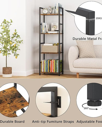 4 Tier Bookshelf, Small Book Shelf Industrial Bookcase, Metal Narrow Book Case Book Storage Organizer,Bookshelves for Bedroom Office Living Room(4 Tier,Rustic Brown) - LeafyLoom