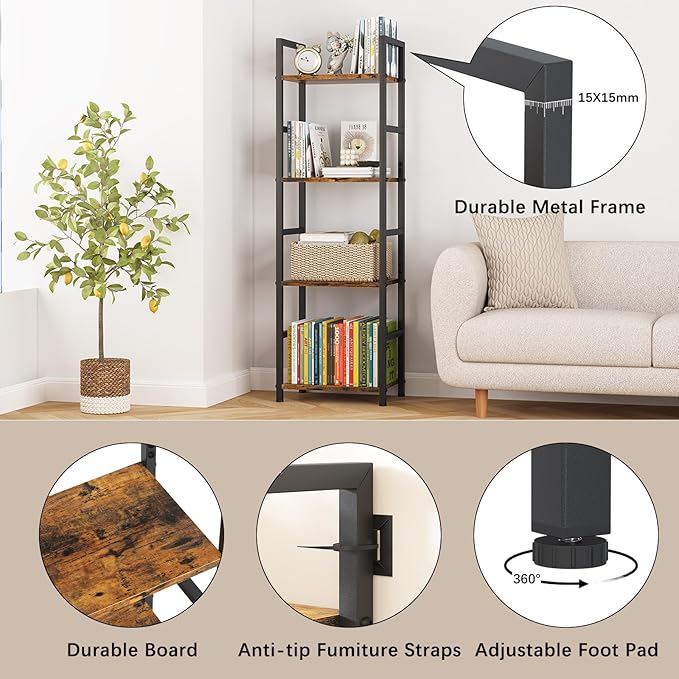 4 Tier Bookshelf, Small Book Shelf Industrial Bookcase, Metal Narrow Book Case Book Storage Organizer,Bookshelves for Bedroom Office Living Room(4 Tier,Rustic Brown) - LeafyLoom