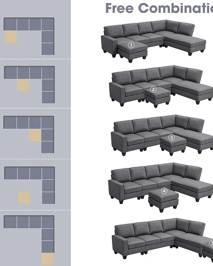 104" L-shaped Sectional Sofa-7 Seater Couch Set with Chaise Lounge and Convertible Ottoman, Comfy Sectional Couches for Living Room,Apartment,Office - LeafyLoom