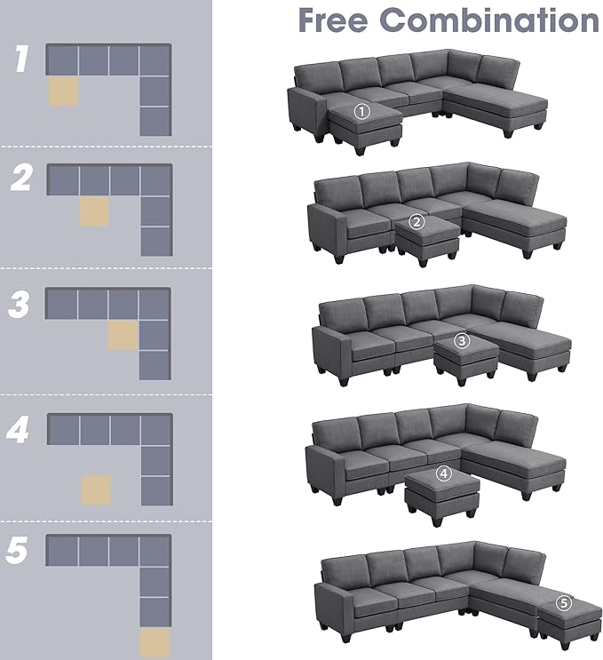 104" L-shaped Sectional Sofa-7 Seater Couch Set with Chaise Lounge and Convertible Ottoman, Comfy Sectional Couches for Living Room,Apartment,Office - LeafyLoom