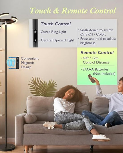 FIMEI Modern Black Metal Saturn Ring LED Floor Lamp, Stepless Dimming and Color Temperature Adjustment, Rotatable Lamp Head, Independent Control of Upwards Round Light and Outer Ring Light - LeafyLoom