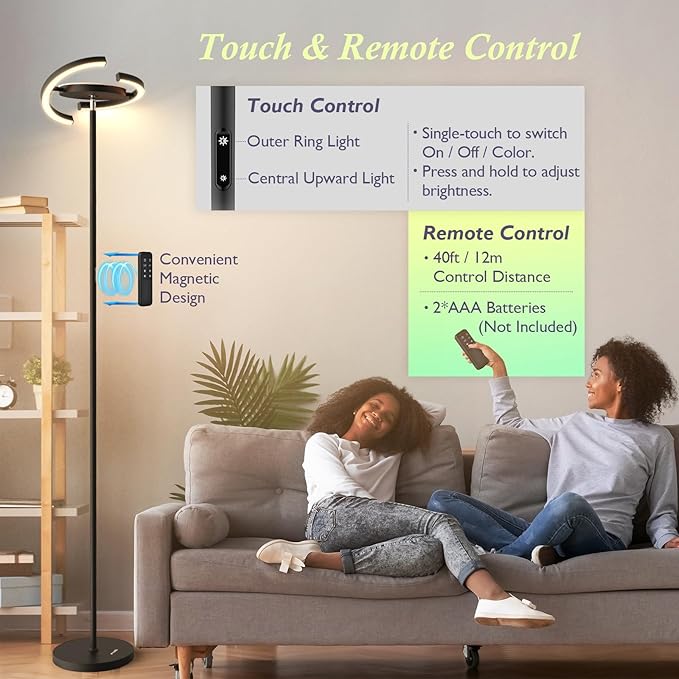 FIMEI Modern Black Metal Saturn Ring LED Floor Lamp, Stepless Dimming and Color Temperature Adjustment, Rotatable Lamp Head, Independent Control of Upwards Round Light and Outer Ring Light - LeafyLoom