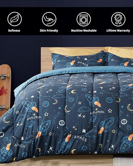 SLEEP ZONE Kids Twin Bedding Comforter Set - Super Cute & Soft Kids Bedding 5 Pieces Set with Comforter, Sheet, Pillowcase & Sham (Space Rocket) - LeafyLoom