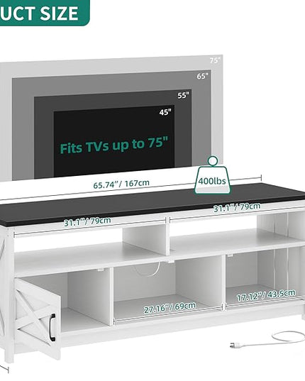 YITAHOME LED TV Stand for 75 65 Inch TV w/Power Outlets, Small Media Console with Storage Cabinets, Farmhouse Entertainment Center Table TV Cabinet for Living Room, 65'' Large TV Stand, Black/White - LeafyLoom