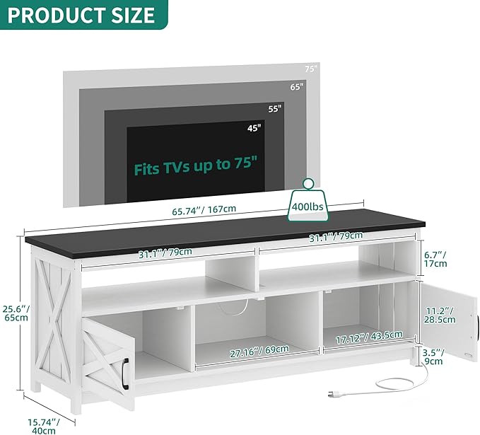 YITAHOME LED TV Stand for 75 65 Inch TV w/Power Outlets, Small Media Console with Storage Cabinets, Farmhouse Entertainment Center Table TV Cabinet for Living Room, 65'' Large TV Stand, Black/White - LeafyLoom