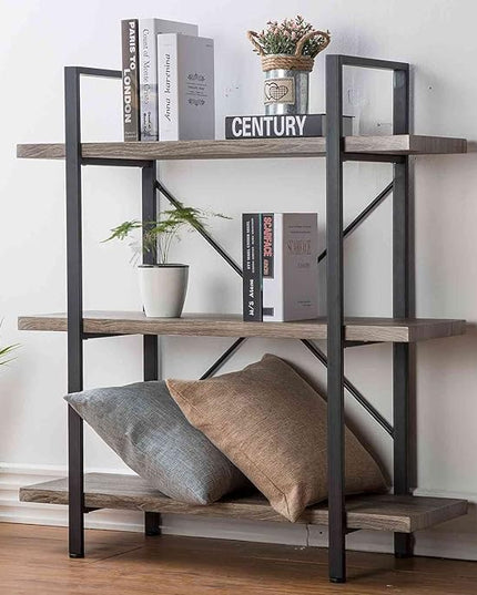 HSH 3-Shelf Bookcase, Rustic Gray 3 tier Bookshelf, Vintage Industrial Wooden and Metal Display and Storage Bookshelves Tower for Home Office Livingroom Bedroom Light Grey Oak - LeafyLoom