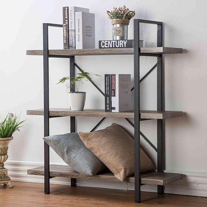 HSH 3-Shelf Bookcase, Rustic Gray 3 tier Bookshelf, Vintage Industrial Wooden and Metal Display and Storage Bookshelves Tower for Home Office Livingroom Bedroom Light Grey Oak - LeafyLoom