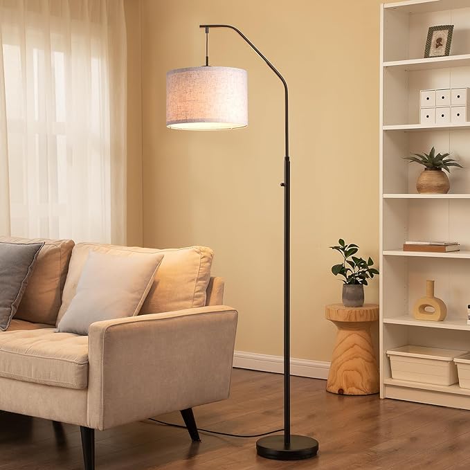 DEWENWILS Black Dimmable Arched Floor Lamp, Stepless Dimmable Corner Lamp with Hanging Lampshade, Standing Tall Arc Lamps for Living Room Corner, Bedroom, Office, LED Bulb Included - LeafyLoom