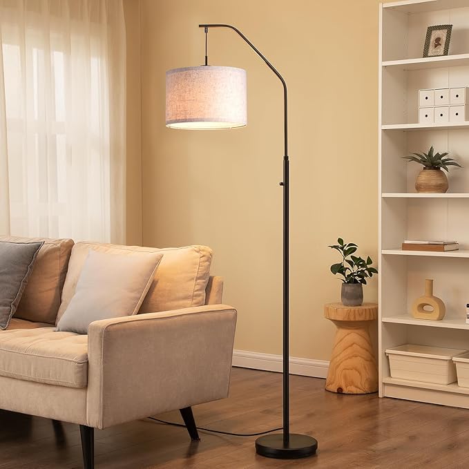DEWENWILS Black Dimmable Arched Floor Lamp, Stepless Dimmable Corner Lamp with Hanging Lampshade, Standing Tall Arc Lamps for Living Room Corner, Bedroom, Office, LED Bulb Included - LeafyLoom
