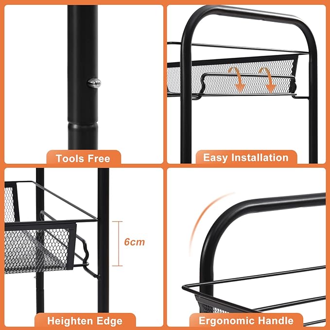 TOOLF 4-Tier Rolling Cart, Metal Utility Cart with 3 Hooks, Easy Assemble Mobile Storage Trolley On Wheels, Metal Shelving Units Kitchen Bathroom Laundry Room - LeafyLoom