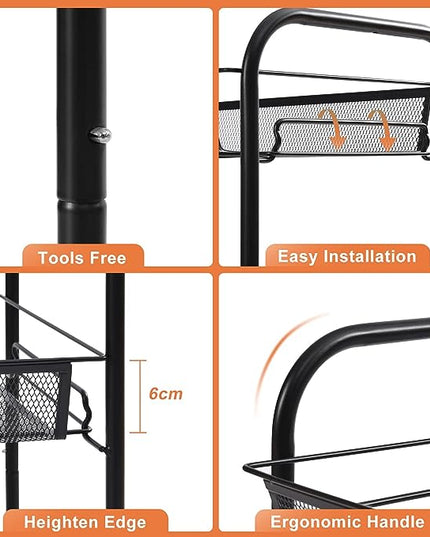 TOOLF 3-Tier Metal Rolling Cart, Mesh Wire Easy Assemble Utility Cart, Storage Trolley on Wheels with 3 Hooks, MetalStorage Shelving Units for Kitchen Bathroom Laundry Room - LeafyLoom