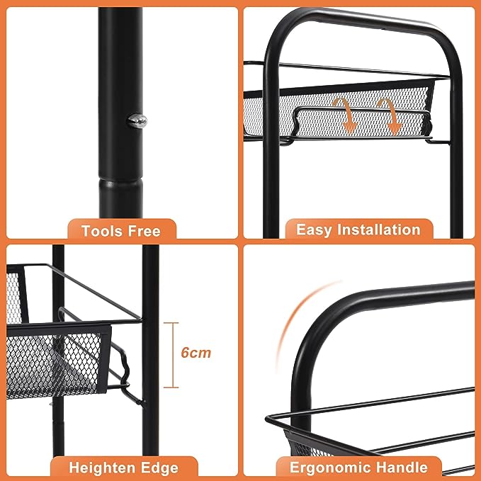 TOOLF 3-Tier Metal Rolling Cart, Mesh Wire Easy Assemble Utility Cart, Storage Trolley on Wheels with 3 Hooks, MetalStorage Shelving Units for Kitchen Bathroom Laundry Room - LeafyLoom