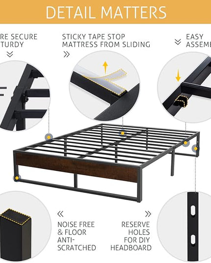 SHA CERLIN 14'' Full Size Metal Platform Bed Frame with Rustic Wood & Reverse Holes/Ample Under-Bed Storage Space/Mattress Foundation/No Box Spring Needed/Easy Assembly - LeafyLoom