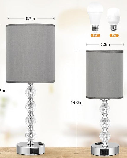 Acaxin Touch Bedside Crystal Lamps for Bedrooms Nightstand with USB C+A Charging Port and AC Outlet White, 3 Way Dimmable Silver Large End Side Table Lamp for Living/Dinning Room/Kitchen/Bedroom - LeafyLoom