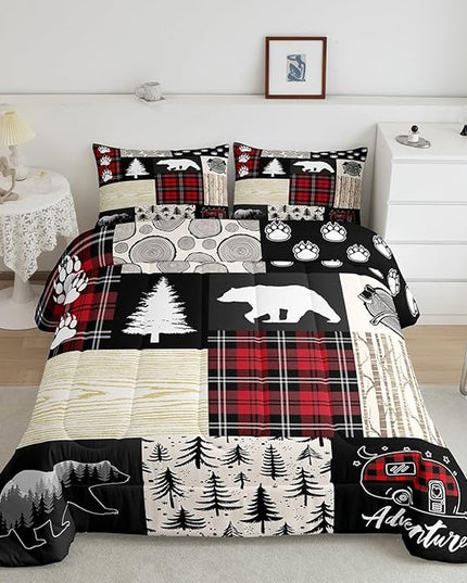 Manfei Bear Comforter Set Twin Size,Pine Trees Animals Hunting Bedding Set for Kids Boys Girls Adults Room Decor,Camping Adventure Rustic Farmhouse Down Comforter,Red Plaids Duvet Insert,1 Pillowcase - LeafyLoom