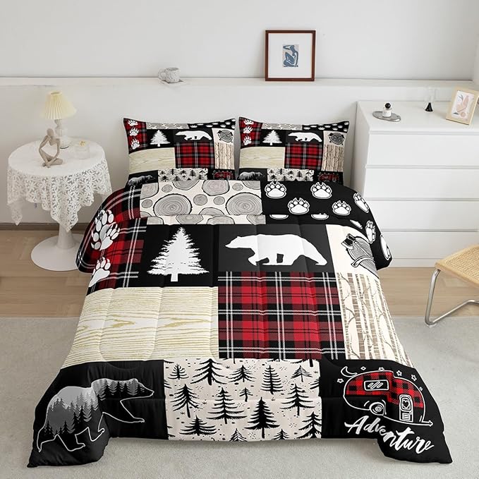 Manfei Bear Comforter Set Twin Size,Pine Trees Animals Hunting Bedding Set for Kids Boys Girls Adults Room Decor,Camping Adventure Rustic Farmhouse Down Comforter,Red Plaids Duvet Insert,1 Pillowcase - LeafyLoom