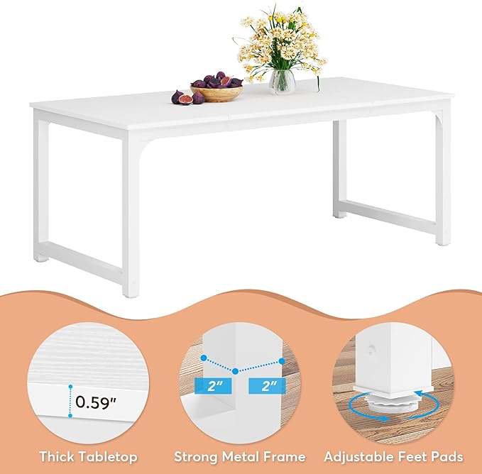 70.9 Inch Large Dining Table Rectangular Kitchen Furniture for 6 to 8 People, White - LeafyLoom