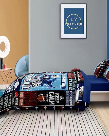 American Football Bedding Twin for Teen Boys, Kids Sports Comforter Set Bed in A Bag, Blue Children Bed Set with Sheets Twin Size - LeafyLoom