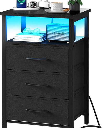 Yoobure Night Stand with Charging Station, 16 Colors LED Nightstand with USB Ports and Outlets, End Table with 3 Fabric Drawers and Storage Shelf, Bedside Tables Small Dresser for Small Space Black - LeafyLoom
