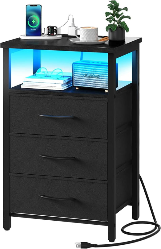 Yoobure Night Stand with Charging Station, 16 Colors LED Nightstand with USB Ports and Outlets, End Table with 3 Fabric Drawers and Storage Shelf, Bedside Tables Small Dresser for Small Space Black - LeafyLoom