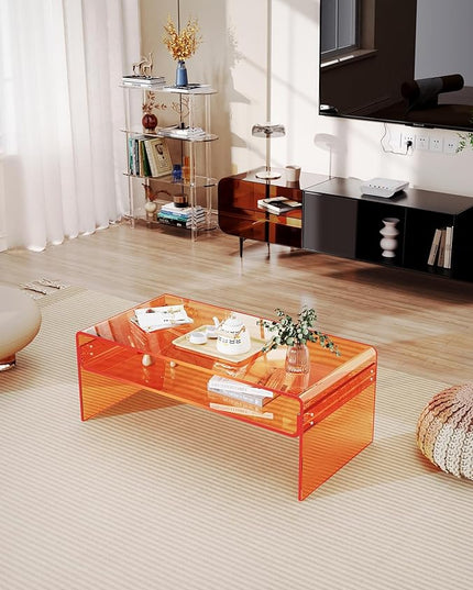 Acrylic Coffee Table for Living Room Clear Rectangle Lucite Table with Open Storage Shelf, Orange - LeafyLoom