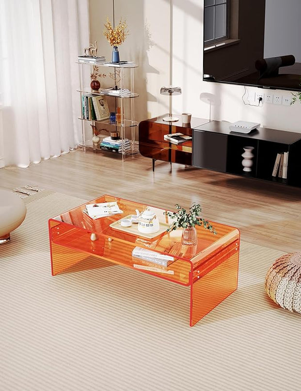 Acrylic Coffee Table for Living Room Clear Rectangle Lucite Table with Open Storage Shelf, Orange - LeafyLoom